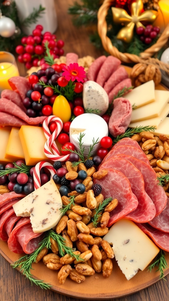 A festive charcuterie board with meats, cheeses, fruits, and holiday decorations.
